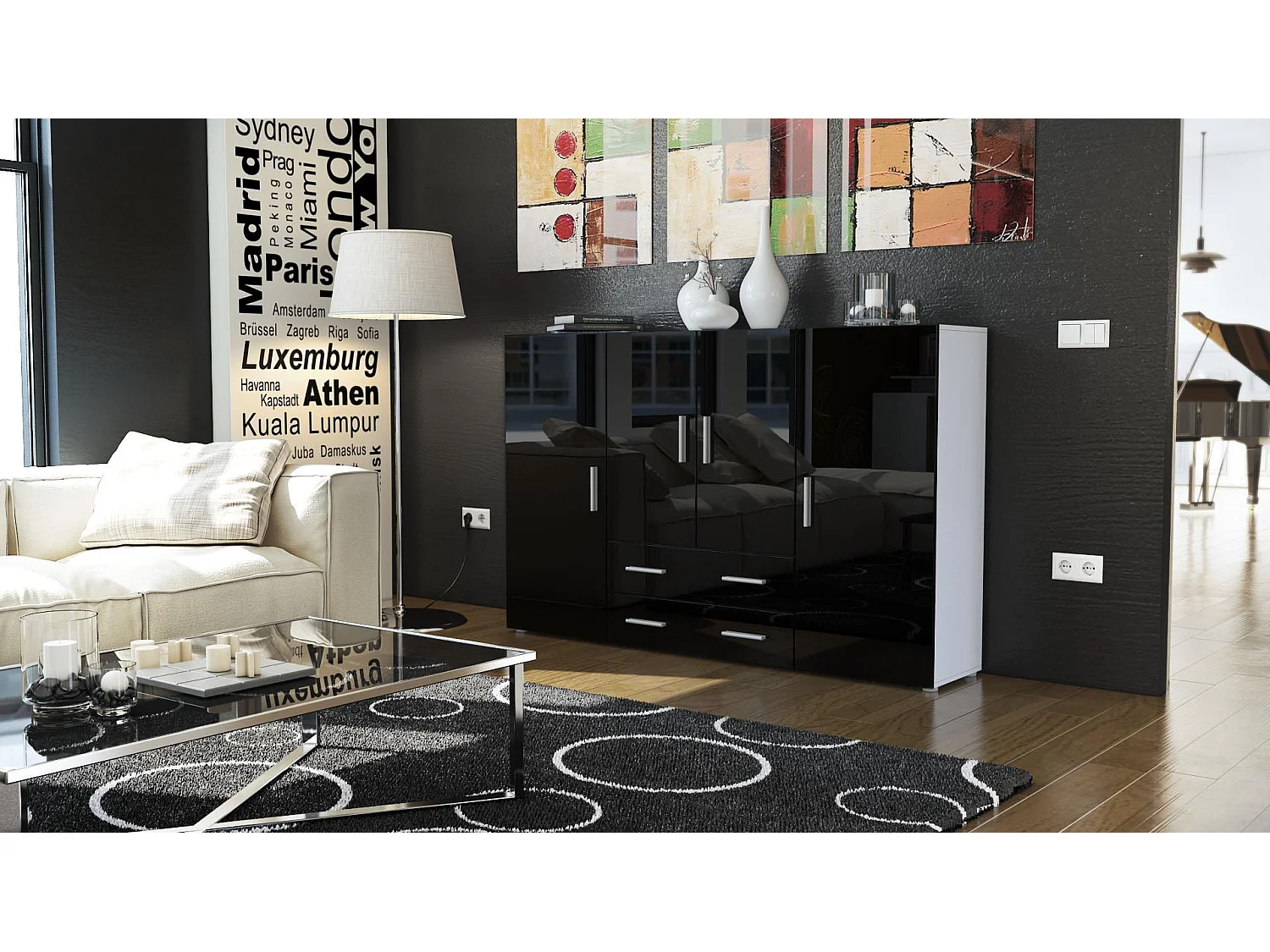 Le Buffet Haut Nora bahut avec 2 tiroirs et 4 portes avec un total de 8 compartiments derrière, blanc mat/noir haute brillance (166,5 x 106,5 x 35 cm)