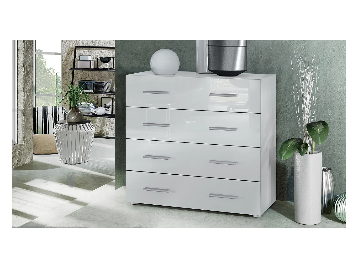 Buffet Pavos, Commode avec 4 tiroirs, blanc mat/blanc haute brillance (76 x 72 x 35 cm)