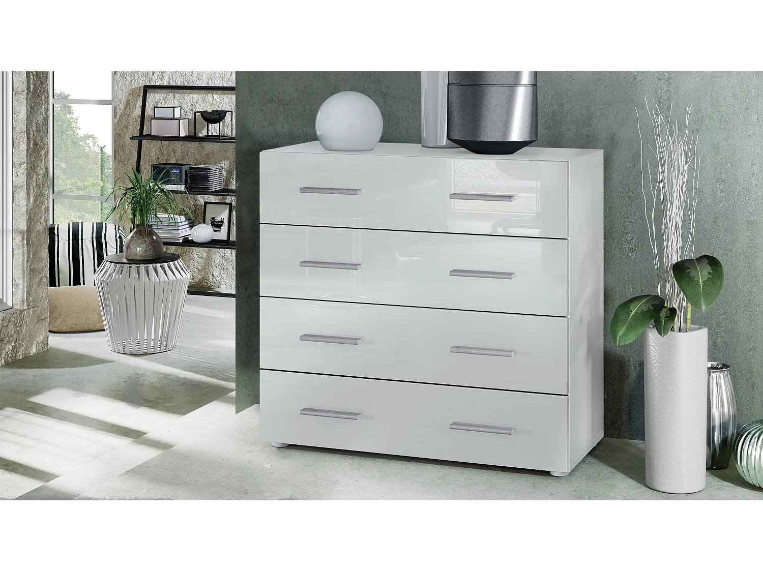 Vladon Madia Pavos, mobile con 4 cassetti, bianco opaco/bianco lucido (76 x 72 x 35 cm)
