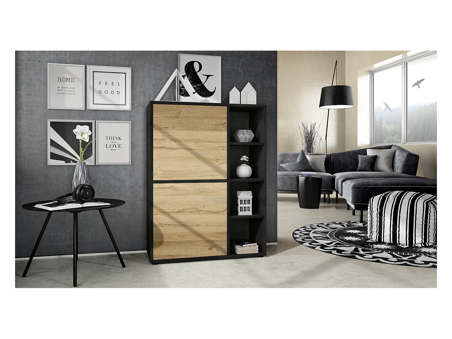 Buffet haut Cuba avec 8 compartiments, caisson en noir mat / Façades en Chêne Nature