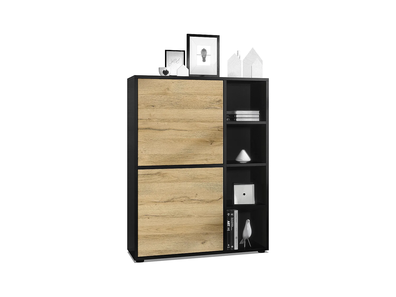 Buffet haut Cuba avec 8 compartiments, caisson en noir mat / Façades en Chêne Nature