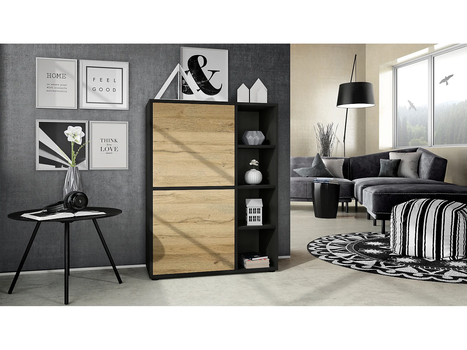 Credenza  Cuba 79 x 105,5 x 35,5 cm Credenza con 8 ripiani, Struttura in nero opaco / Ante in rovere naturale