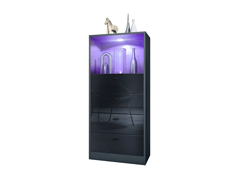 Commode Buffet Pino V3, avec 4 tiroirs & 1 compartiment ouvert, Anthracite mat/Noir haute brillance avec éclairage LED RVB (56 x 125 x 36 cm)