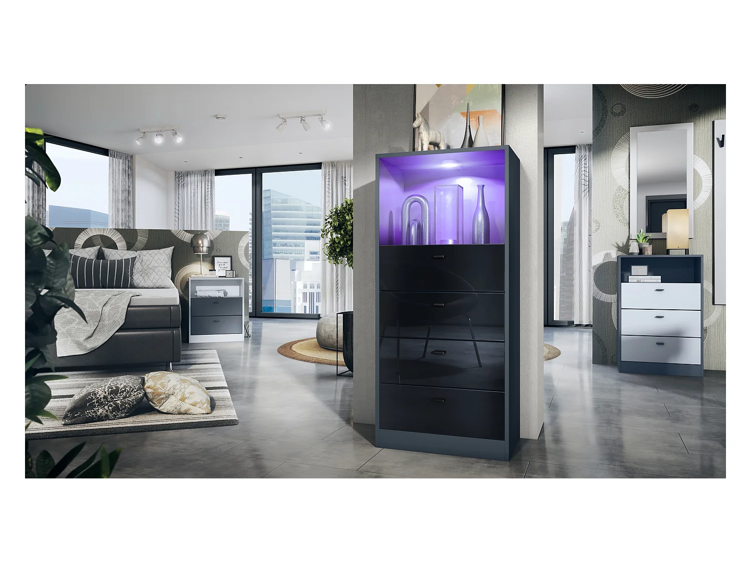 Commode Buffet Pino V3, avec 4 tiroirs & 1 compartiment ouvert, Anthracite mat/Noir haute brillance avec éclairage LED RVB (56 x 125 x 36 cm)