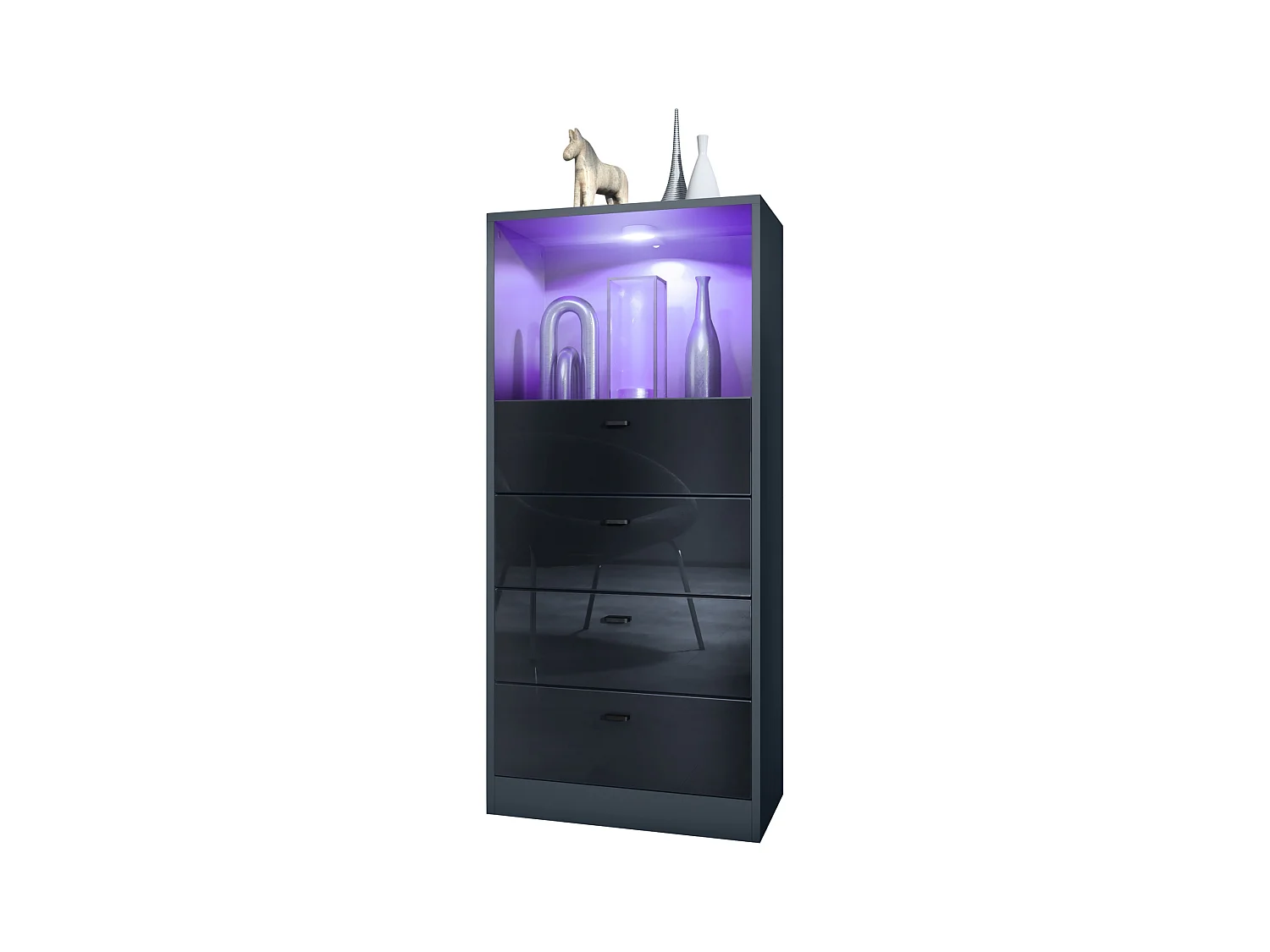 Commode Buffet Pino V3, avec 4 tiroirs & 1 compartiment ouvert, Anthracite mat/Noir haute brillance avec éclairage LED RVB (56 x 125 x 36 cm)