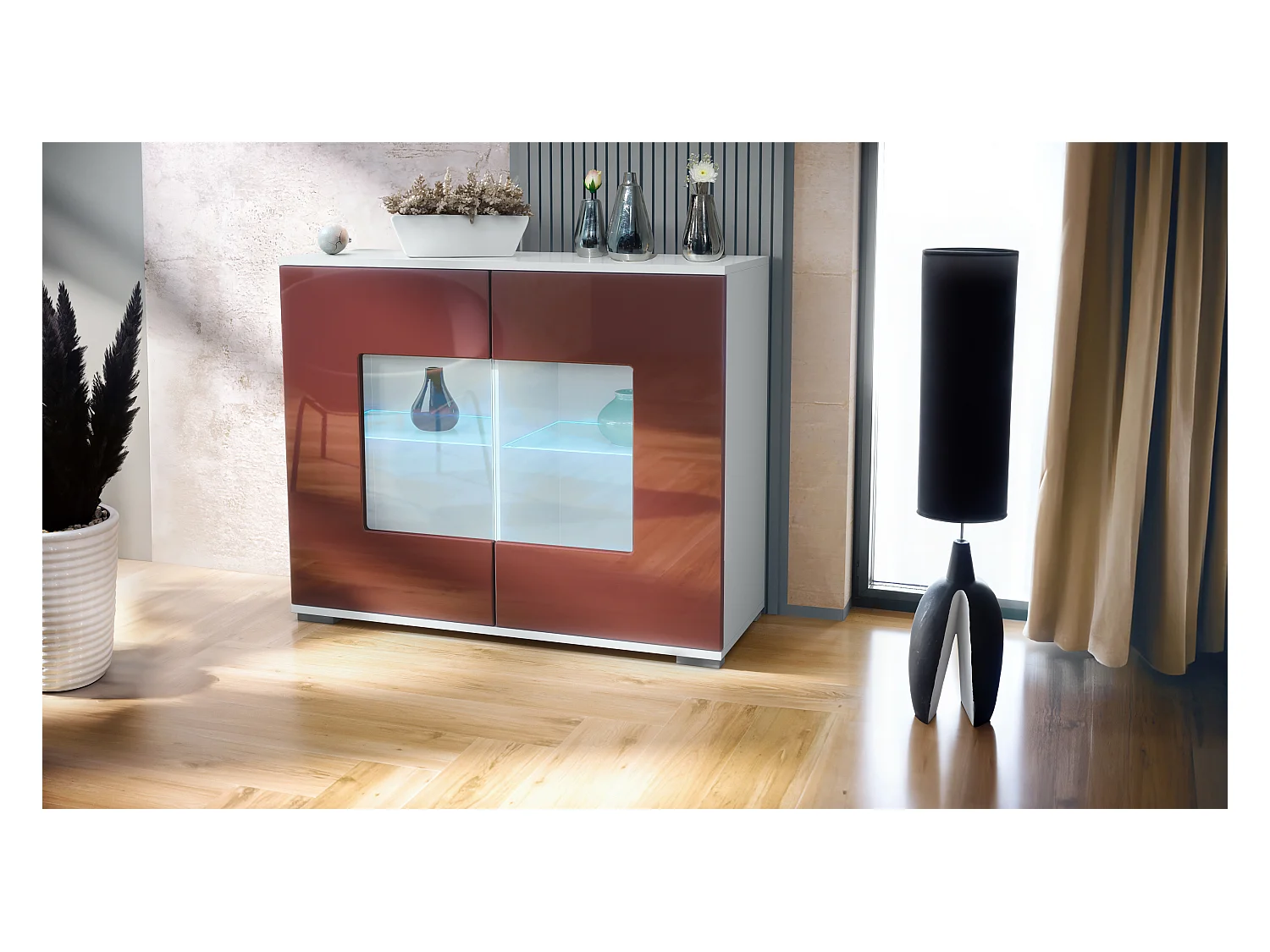 Commode Grömitz V3, Armoire de cuisine moderne avec 2 grandes portes vitrées incl. éclairage RGB blanc mat / bordeaux haute brillance (92,5 x 75.5 x 35)