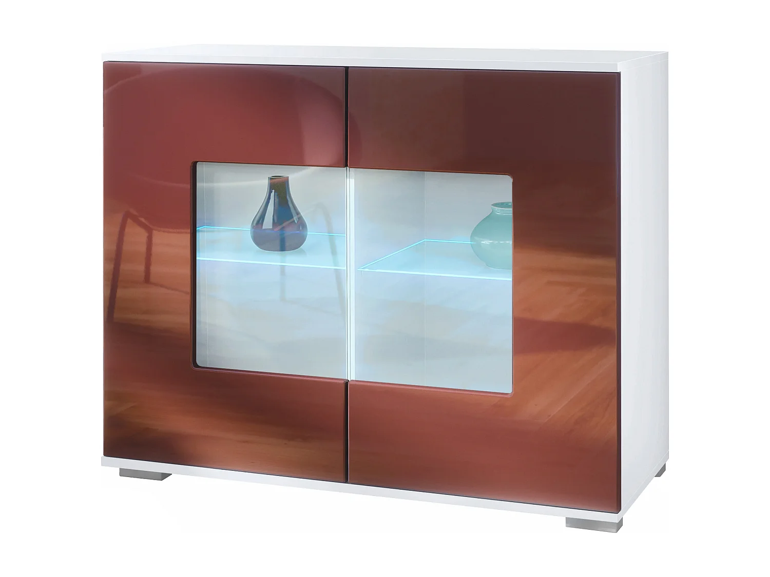 Cassettiera Grömitz V3, Mobile da cucina moderno con 2 grandi ante in vetro incl. illuminazione RGB bianco opaco / bordeaux lucido (92,5 x 75.5 x 35)