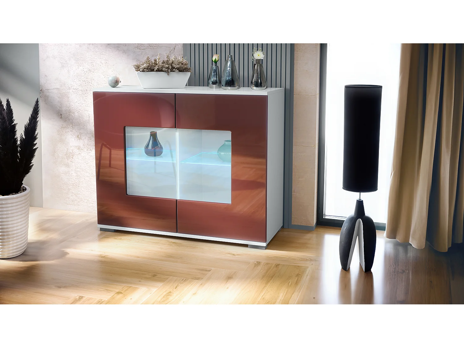 Cassettiera Grömitz V3, Mobile da cucina moderno con 2 grandi ante in vetro incl. illuminazione RGB bianco opaco / bordeaux lucido (92,5 x 75.5 x 35)