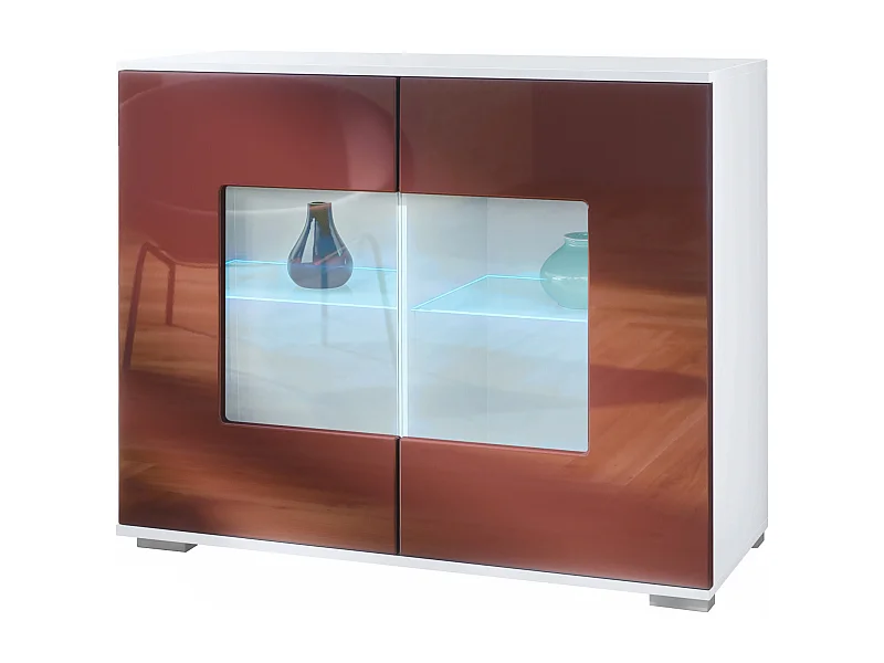Commode Grömitz V3, Armoire de cuisine moderne avec 2 grandes portes vitrées incl. éclairage RGB blanc mat / bordeaux haute brillance (92,5 x 75.5 x 35)