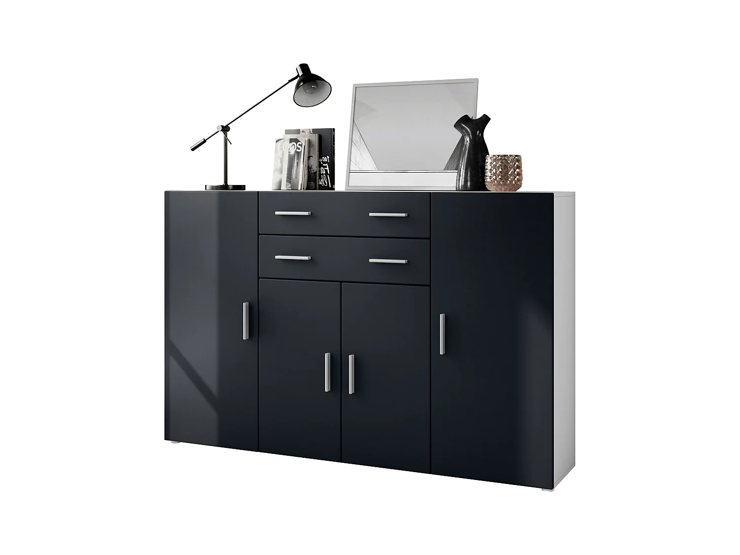 Aparador alto Aron con 2 cajones y 4 puertas con un total de 8 compartimentos detrás, blanco mate/negro mate (166,5 x 106,5 x 35 cm)