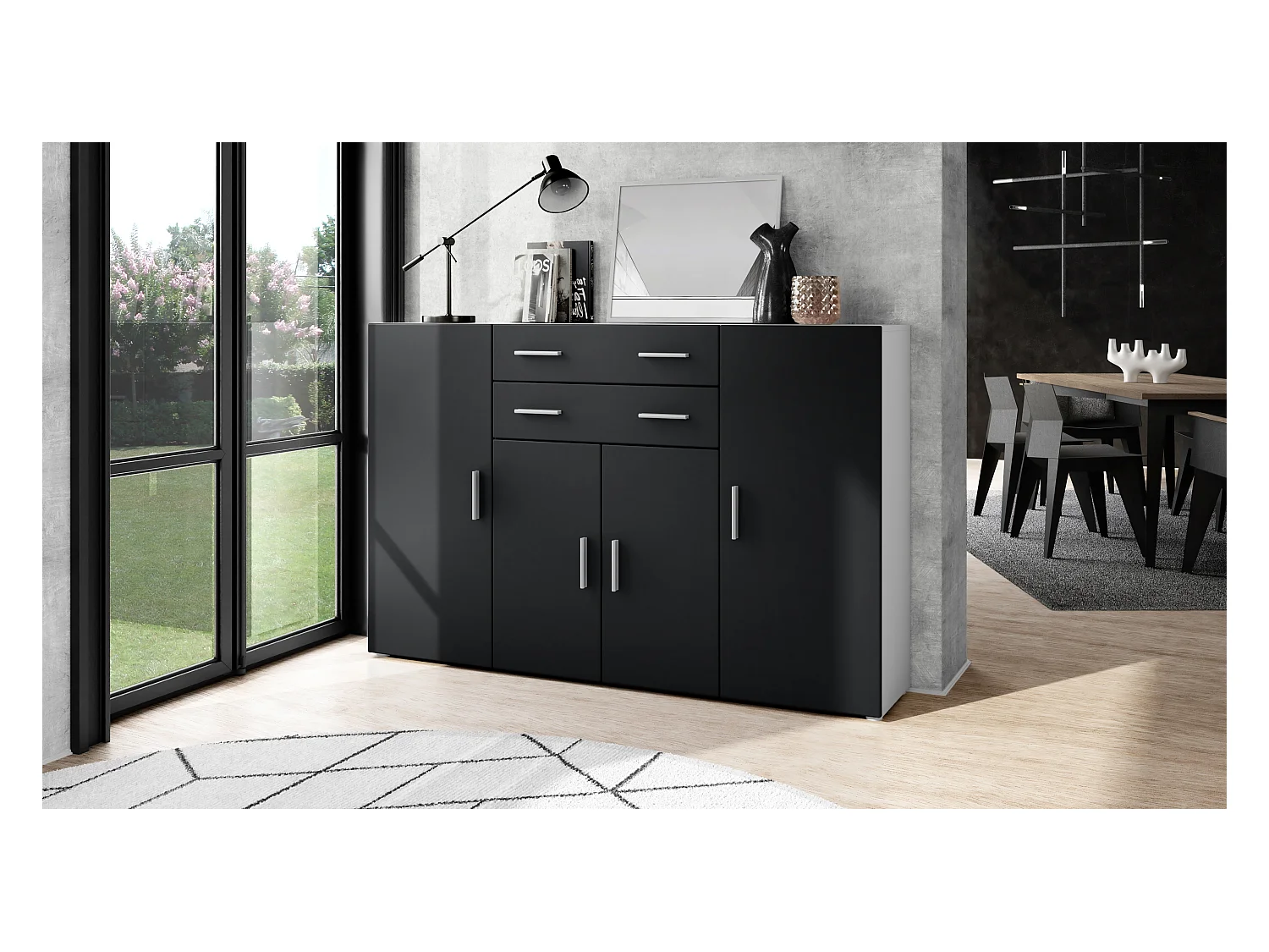 Aparador alto Aron con 2 cajones y 4 puertas con un total de 8 compartimentos detrás, blanco mate/negro mate (166,5 x 106,5 x 35 cm)