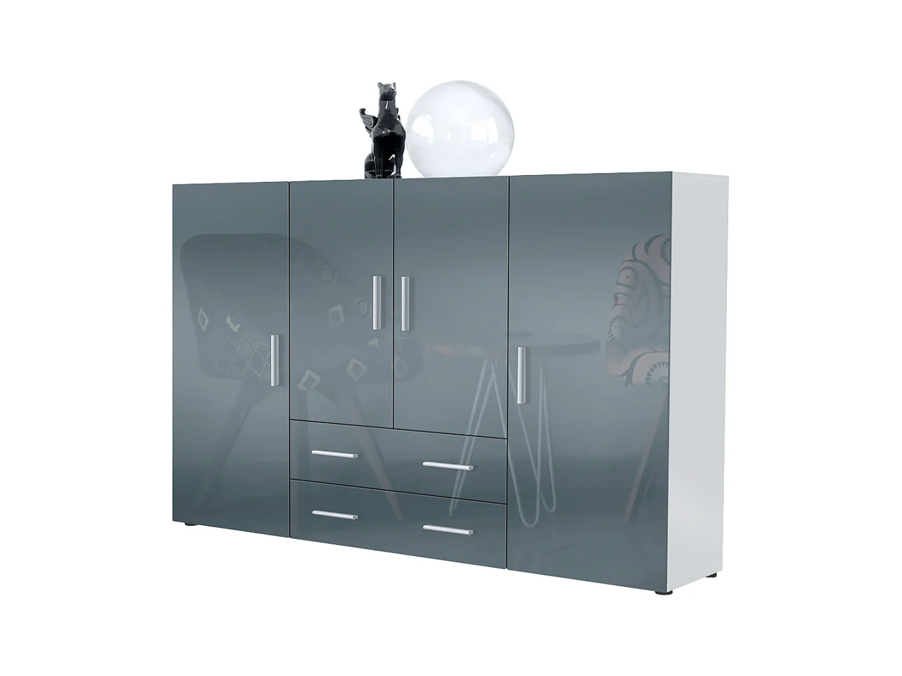 Le Buffet Haut Nora bahut avec 2 tiroirs et 4 portes avec un total de 8 compartiments derrière, blanc mat/gris haute brillance (166,5 x 106,5 x 35 cm)