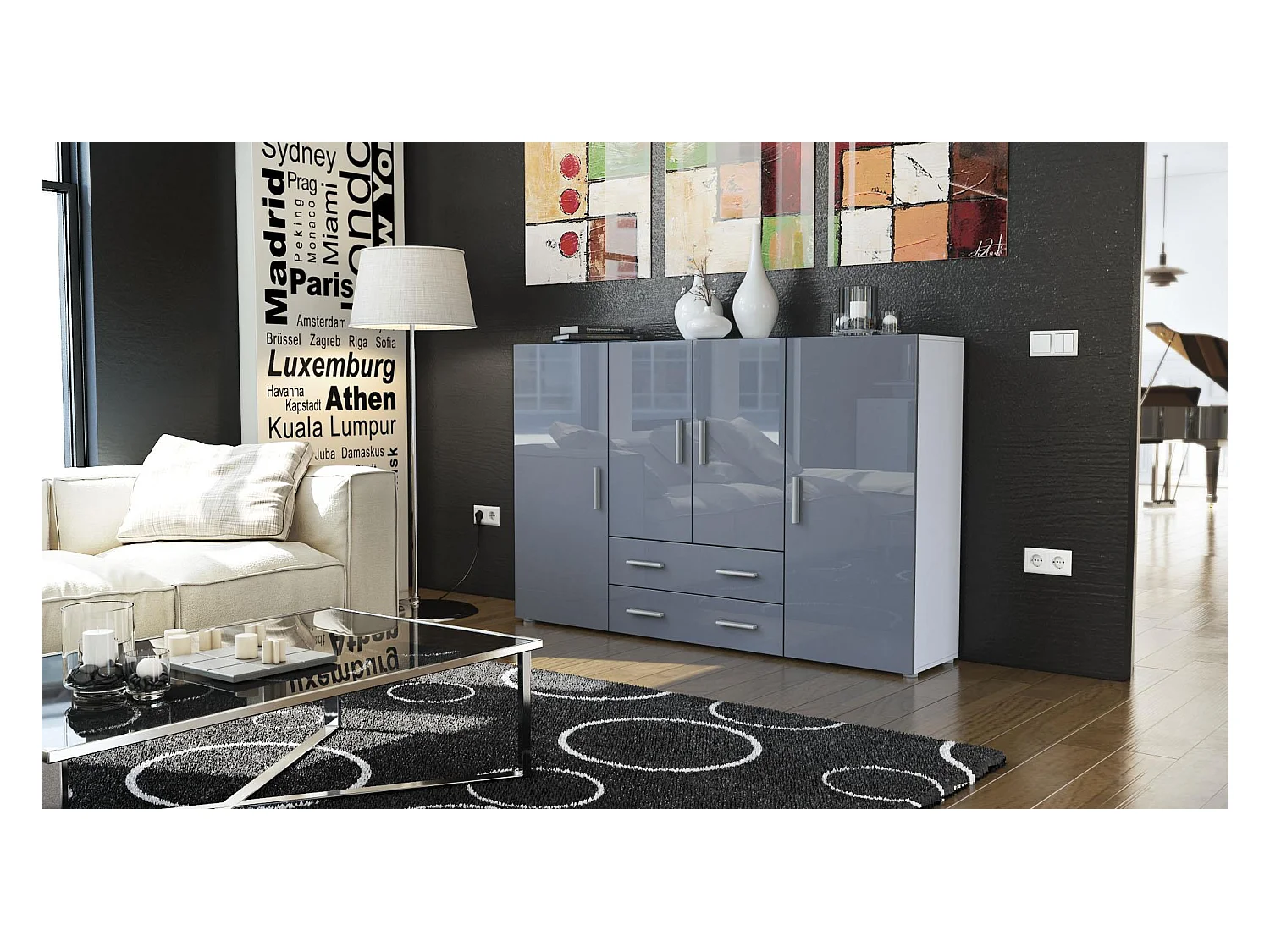 Le Buffet Haut Nora bahut avec 2 tiroirs et 4 portes avec un total de 8 compartiments derrière, blanc mat/gris haute brillance (166,5 x 106,5 x 35 cm)