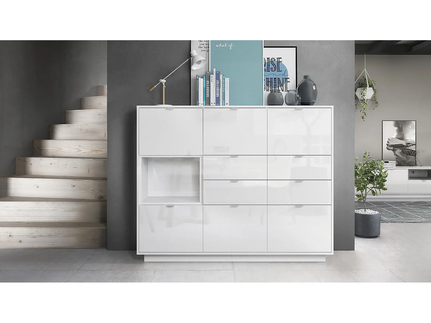 Credenza Metro V2, struttura in bianco lucido / frontale in bianco lucido con inserto in bianco lucido