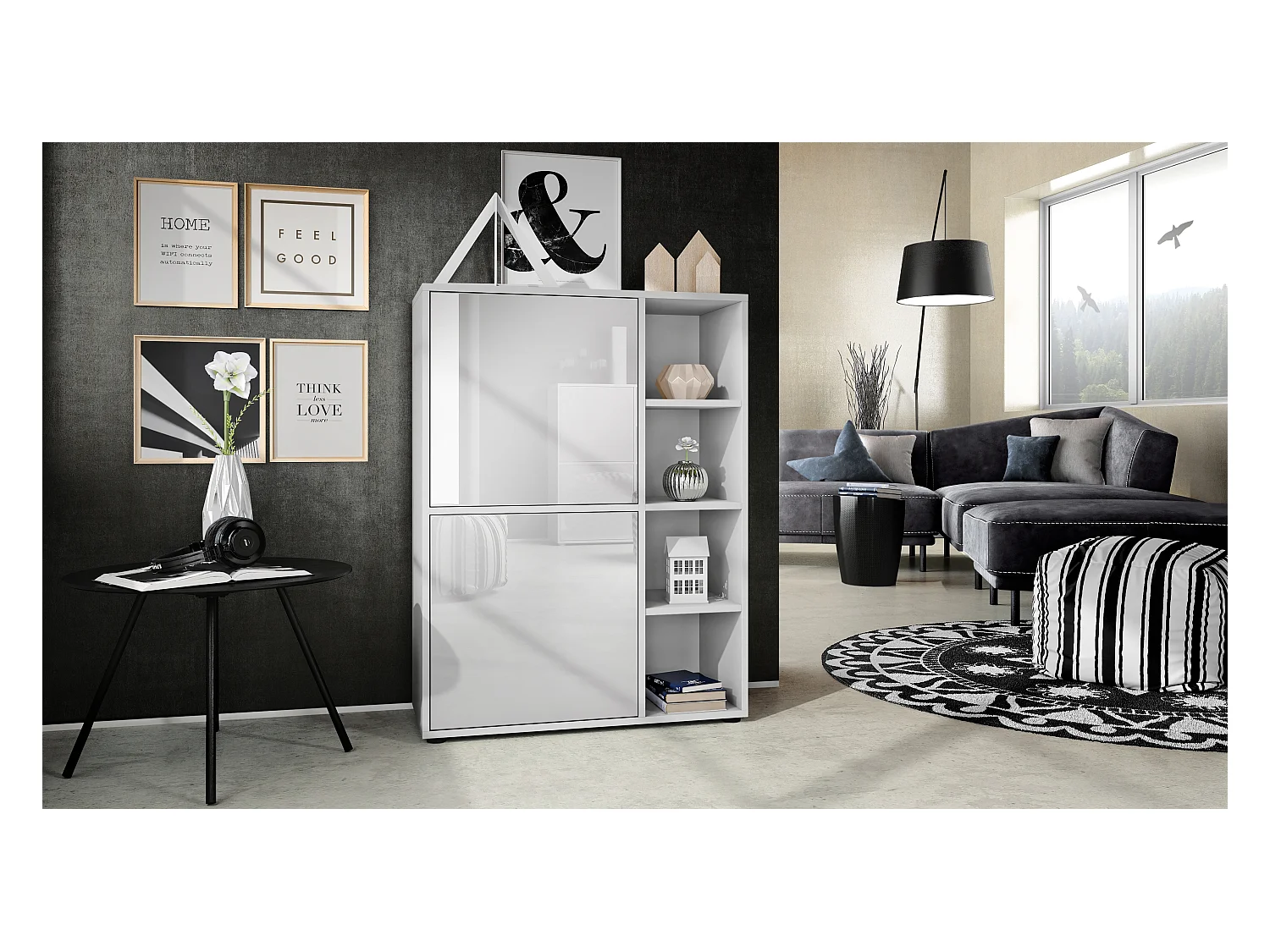 Buffet haut Cuba avec 8 compartiments, caisson en blanc mat / Façades en Blanc laqué haute brillance