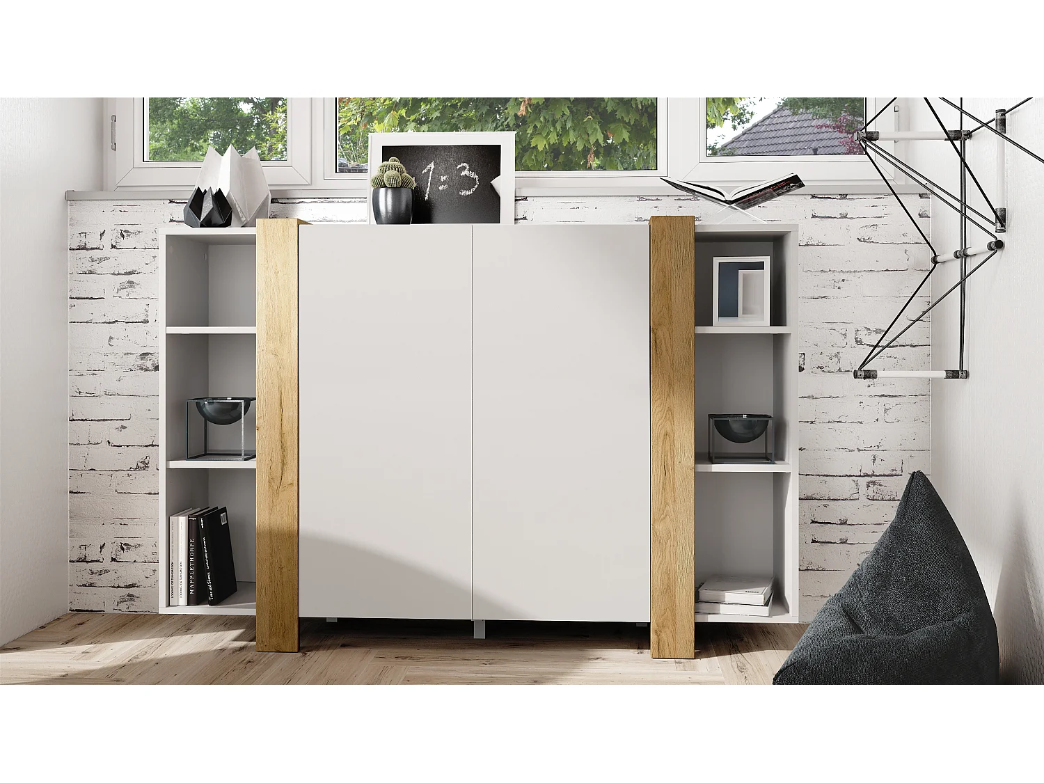 meuble haut Ida V2, Buffet avec 12 compartiments, caisson en blanc mat, bandeaux en chêne nature, (149 x 101 x 34 cm) | Grand choix de couleurs