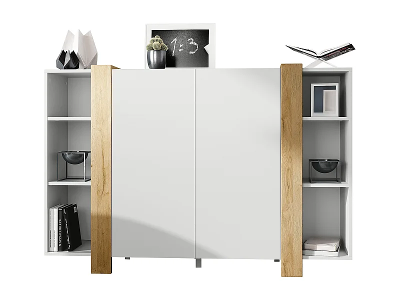 Highboard Ida V2, Buffet con 12 scomparti, Struttura in bianco opaco, Pannelli in rovere naturale, (149 x 101 x 34 cm) | Ampia scelta di colori