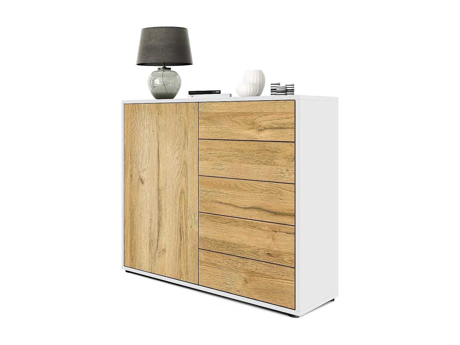 Buffet Ben V2, Commode avec 1 portes et 5 tiroirs, Blanc mat/Chêne Nature (79 x 74 x 36 cm)