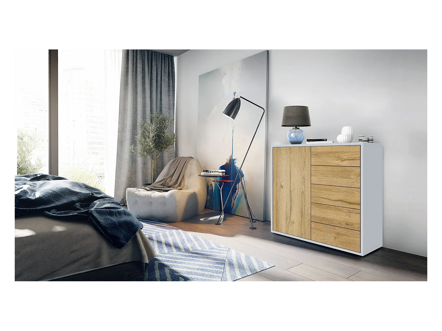 Buffet Ben V2, Commode avec 1 portes et 5 tiroirs, Blanc mat/Chêne Nature (79 x 74 x 36 cm)