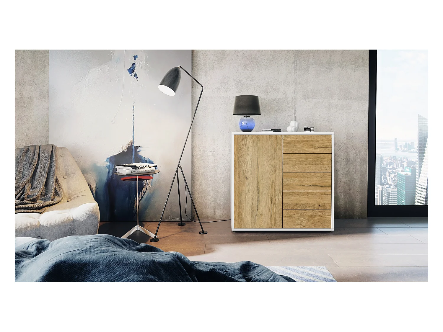 Buffet Ben V2, Commode avec 1 portes et 5 tiroirs, Blanc mat/Chêne Nature (79 x 74 x 36 cm)