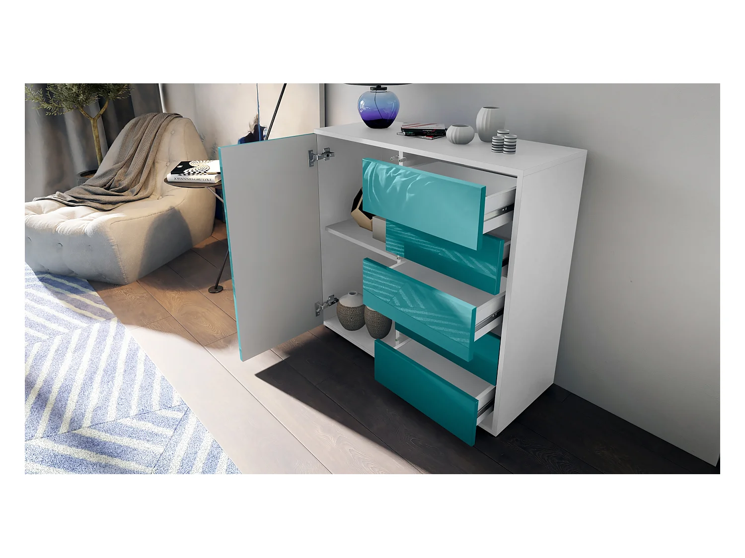 Buffet Ben V2, Commode avec 1 portes et 5 tiroirs, Blanc mat/Chêne Nature (79 x 74 x 36 cm)