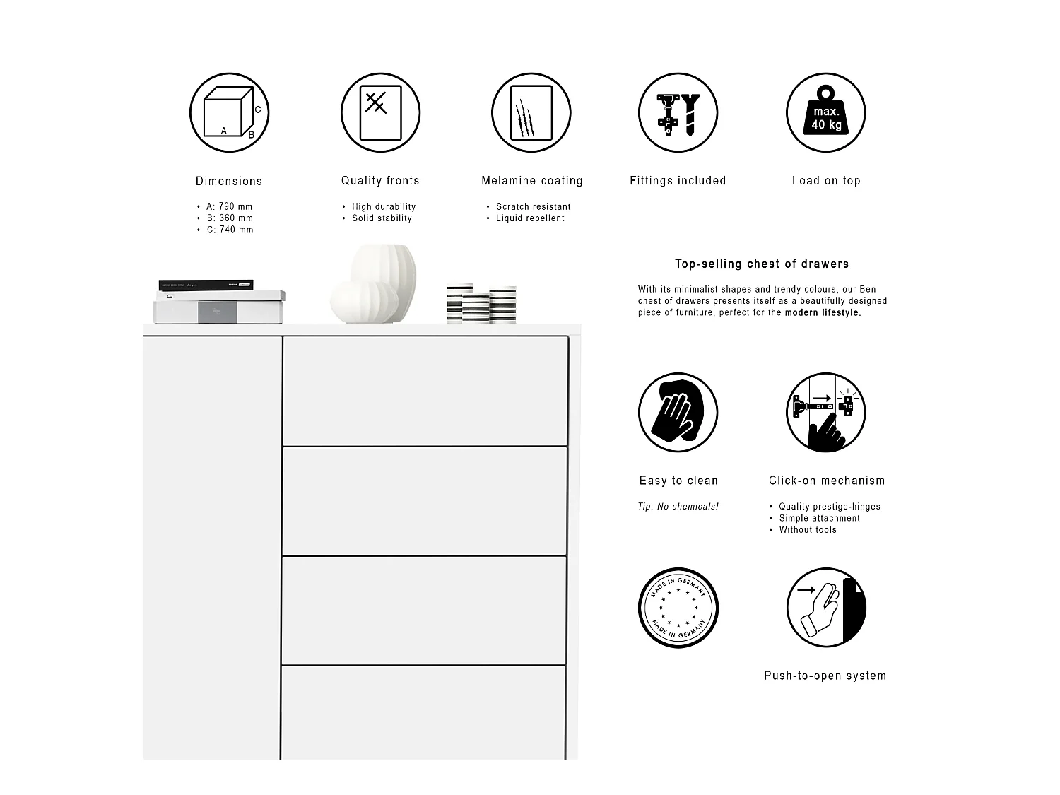 Buffet Ben V2, Commode avec 1 portes et 5 tiroirs, Blanc mat/Chêne Nature (79 x 74 x 36 cm)
