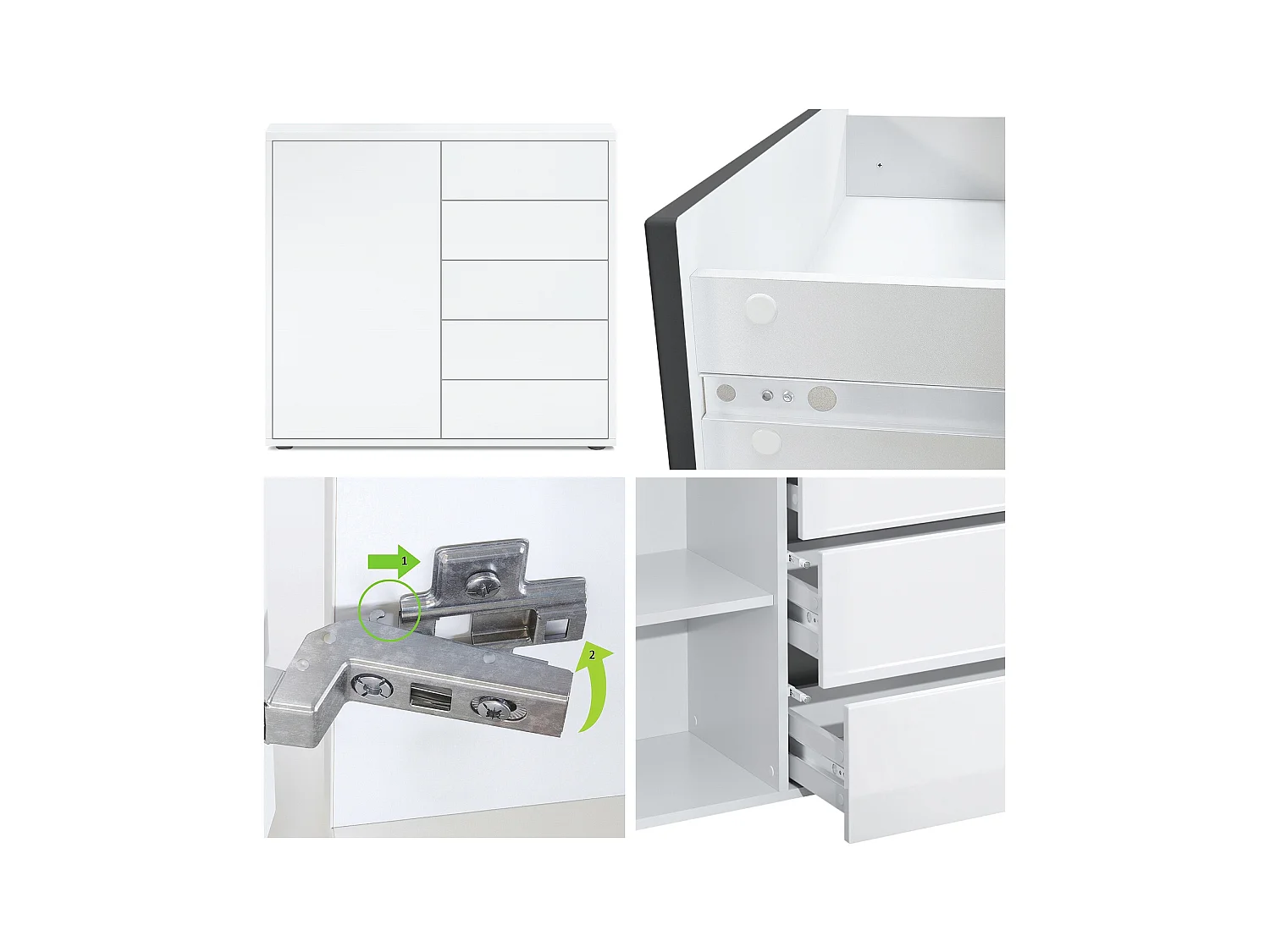 Buffet Ben V2, Commode avec 1 portes et 5 tiroirs, Blanc mat/Chêne Nature (79 x 74 x 36 cm)