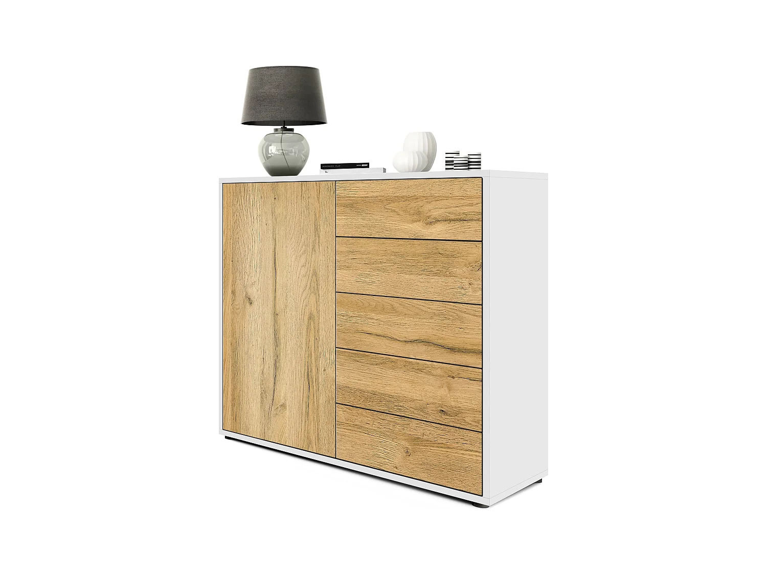 Buffet Ben V2, Commode avec 1 portes et 5 tiroirs, Blanc mat/Chêne Nature (79 x 74 x 36 cm)