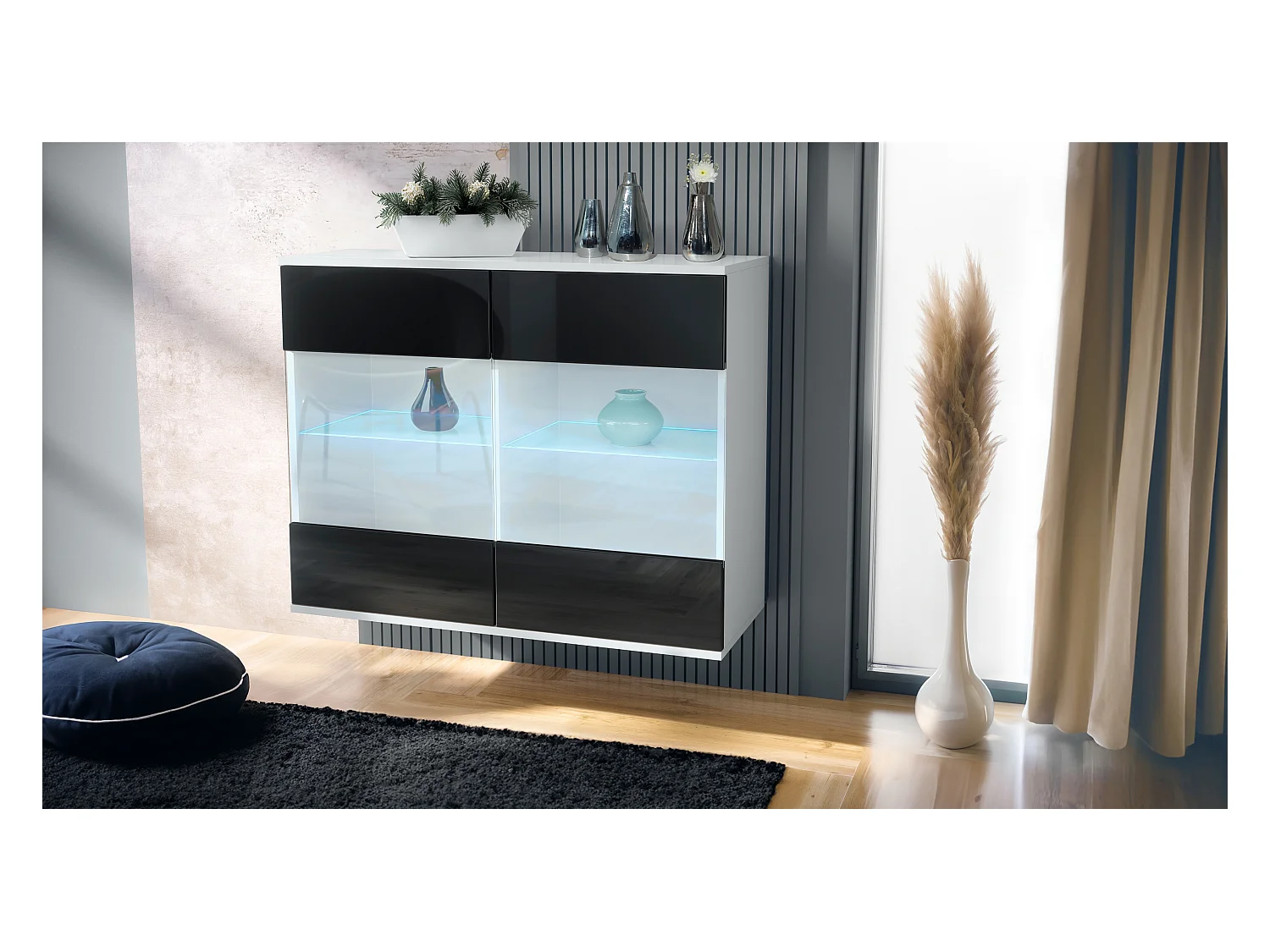 Commode Bari V3, Armoire de cuisine moderne avec 2 grandes portes vitrées incl. éclairage RGB blanc mat / noir haute brillance (92,5 x 73.5 x 35)