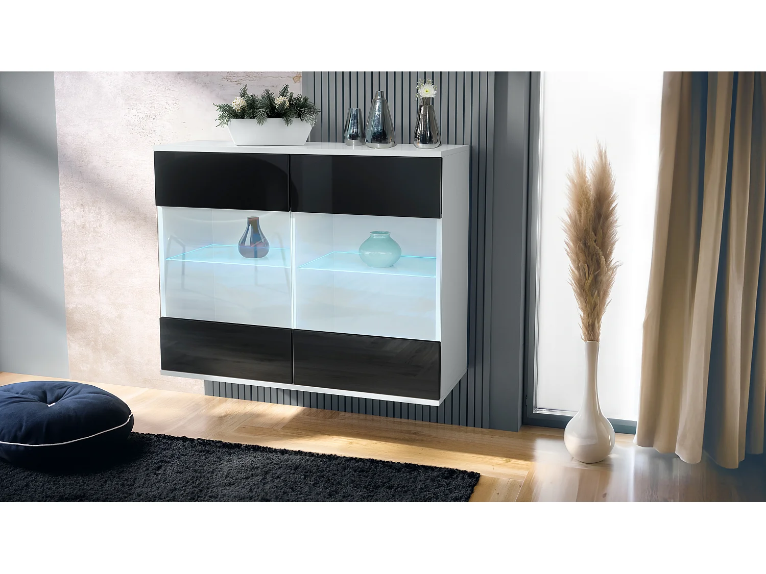 Cassettiera Bari V3, Mobile da cucina moderno con 2 grandi ante in vetro incl. illuminazione RGB bianco opaco / nero lucido (92,5 x 73.5 x 35)