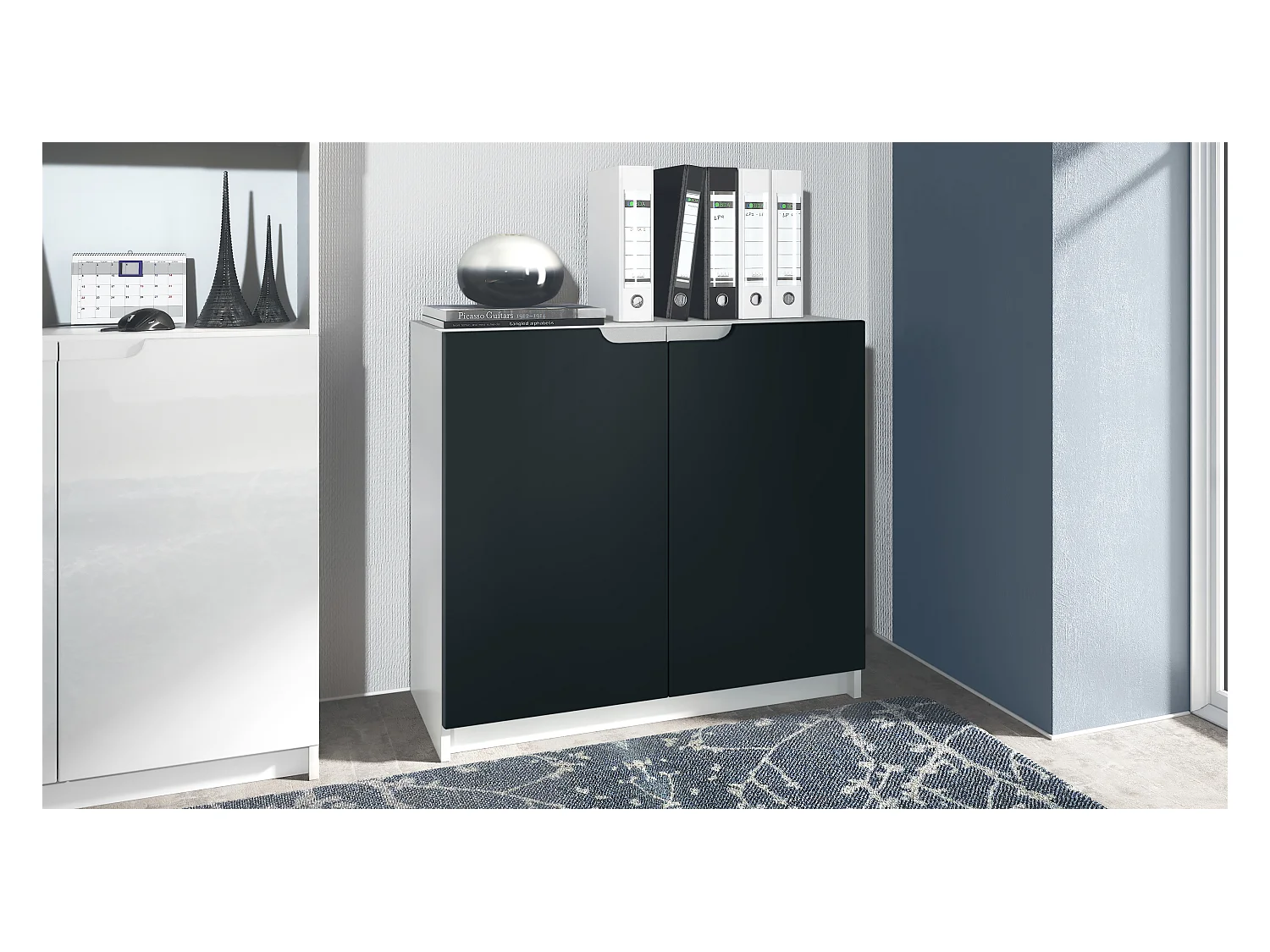 Buffet Logan, Commode avec 2 portes, blanc mat/noir mat (82 x 78 x 37 cm)
