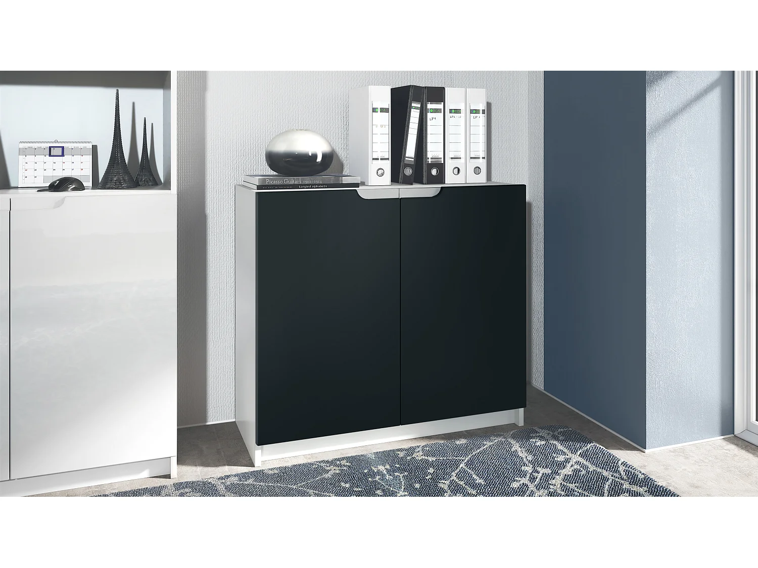 Cajonera Logan, Cómoda con 2 Puertas, blanco mate/negro mate (82 x 78 x 37 cm)