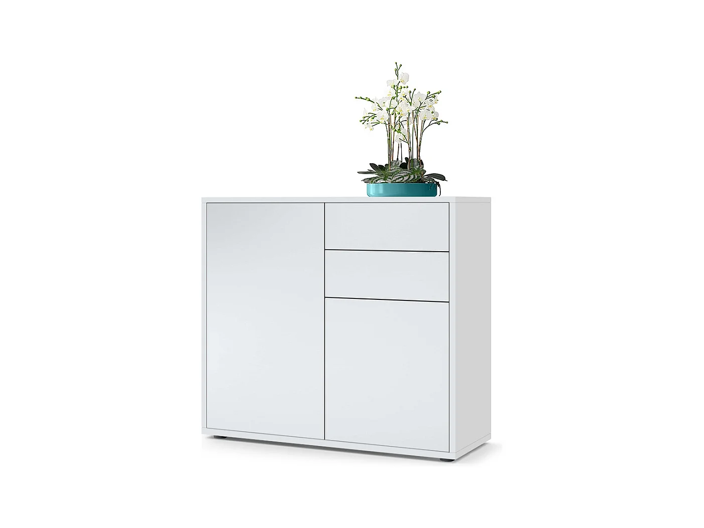 Buffet Ben, Commode avec 2 portes et 2 tiroirs, Blanc mat/Blanc mat (79 x 74 x 36 cm)
