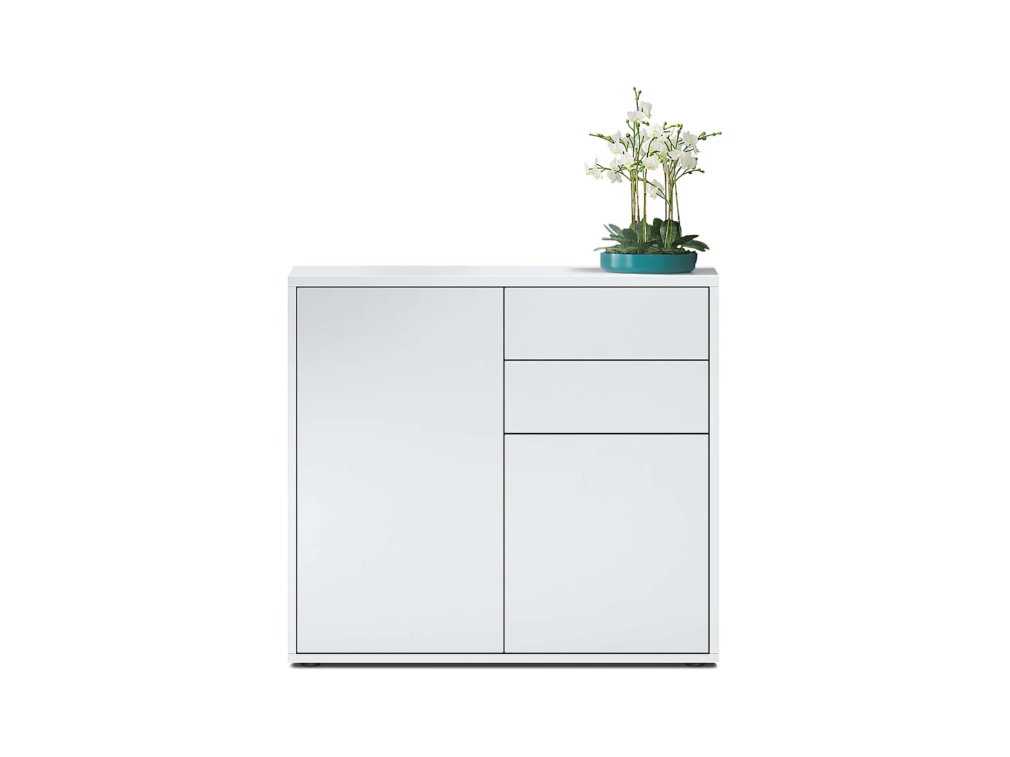 Buffet Ben, Commode avec 2 portes et 2 tiroirs, Blanc mat/Blanc mat (79 x 74 x 36 cm)