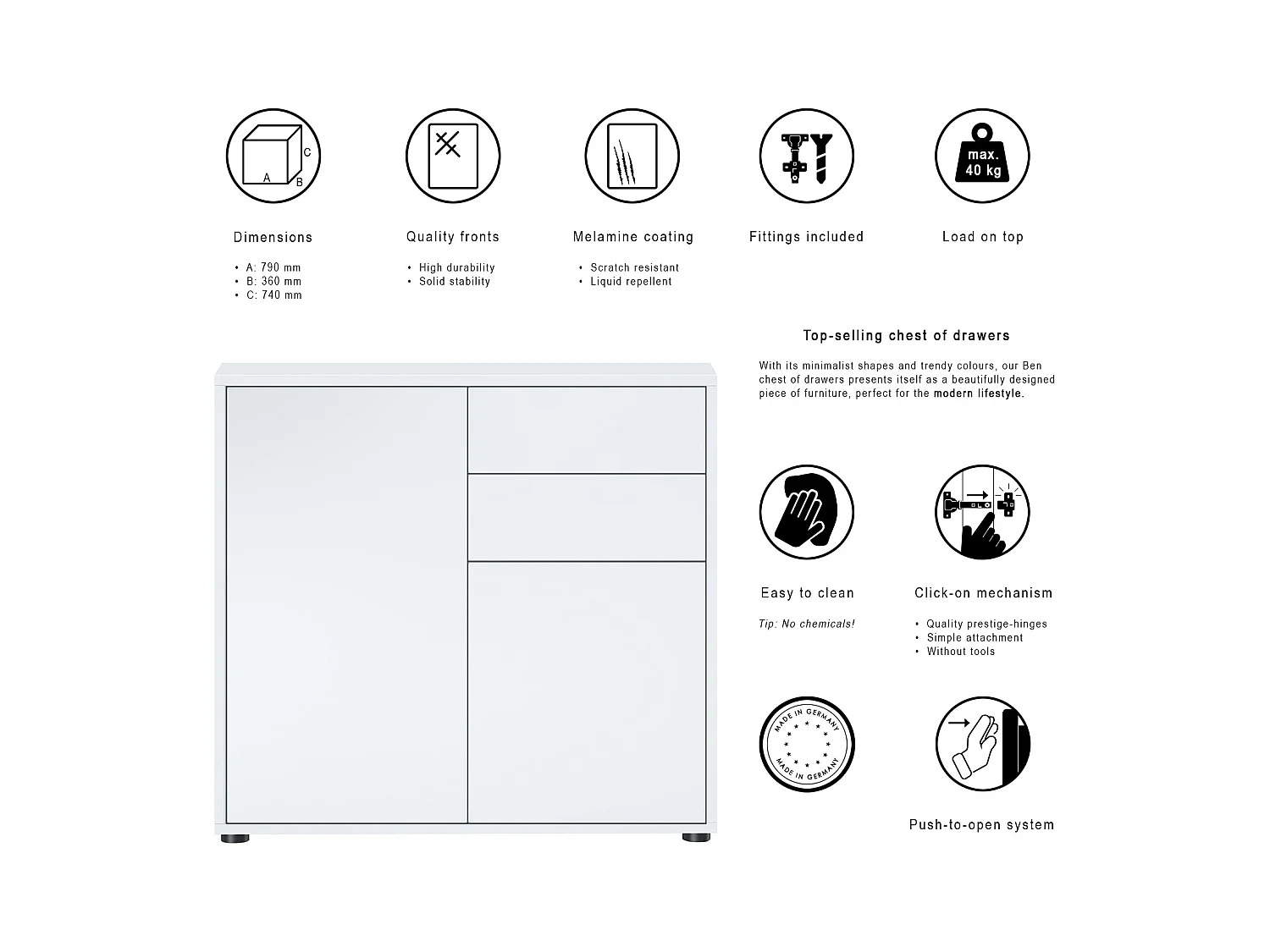 Buffet Ben, Commode avec 2 portes et 2 tiroirs, Blanc mat/Blanc mat (79 x 74 x 36 cm)