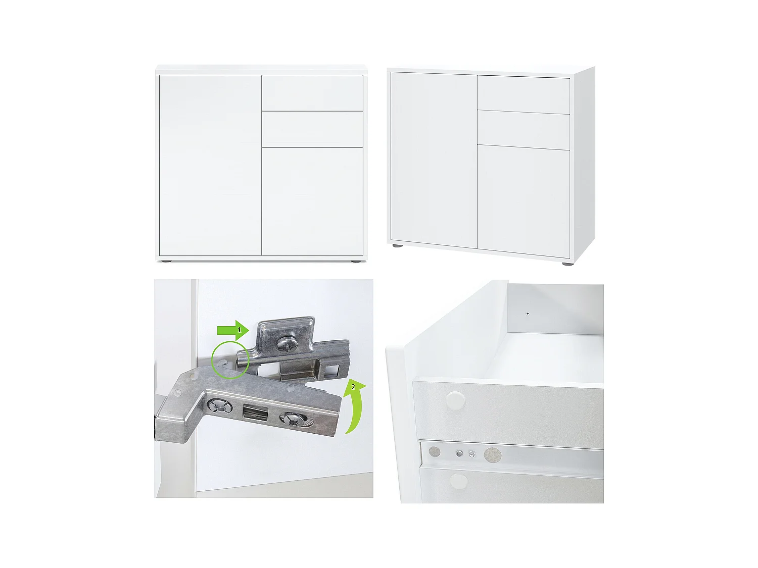 Buffet Ben, Commode avec 2 portes et 2 tiroirs, Blanc mat/Blanc mat (79 x 74 x 36 cm)