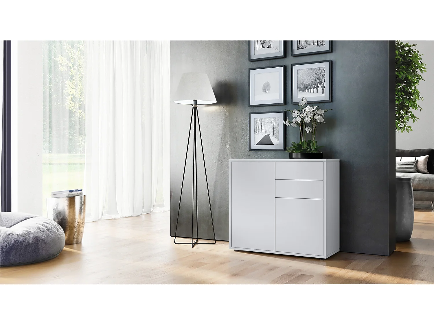 Buffet Ben, Commode avec 2 portes et 2 tiroirs, Blanc mat/Blanc mat (79 x 74 x 36 cm)