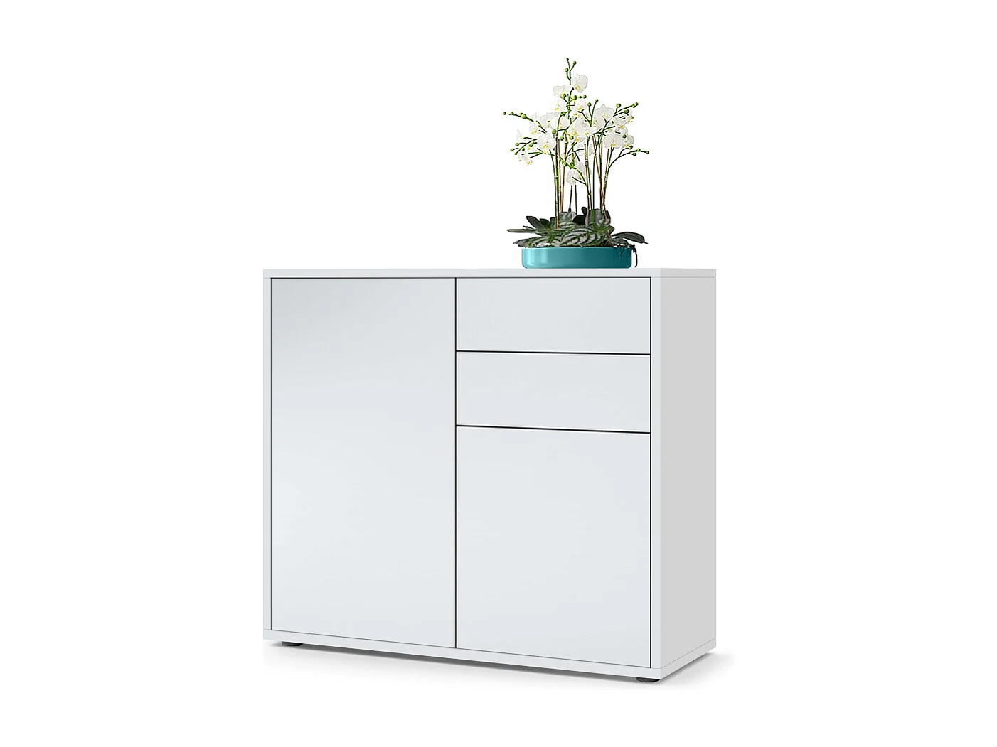Buffet Ben, Commode avec 2 portes et 2 tiroirs, Blanc mat/Blanc mat (79 x 74 x 36 cm)