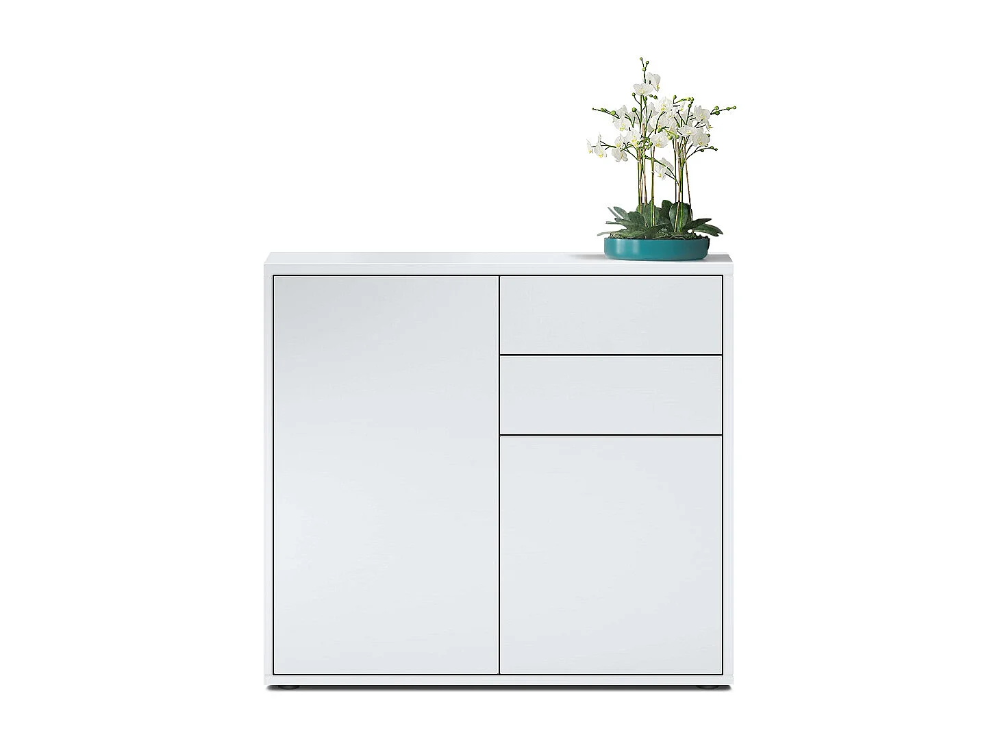 Buffet Ben, Commode avec 2 portes et 2 tiroirs, Blanc mat/Blanc mat (79 x 74 x 36 cm)