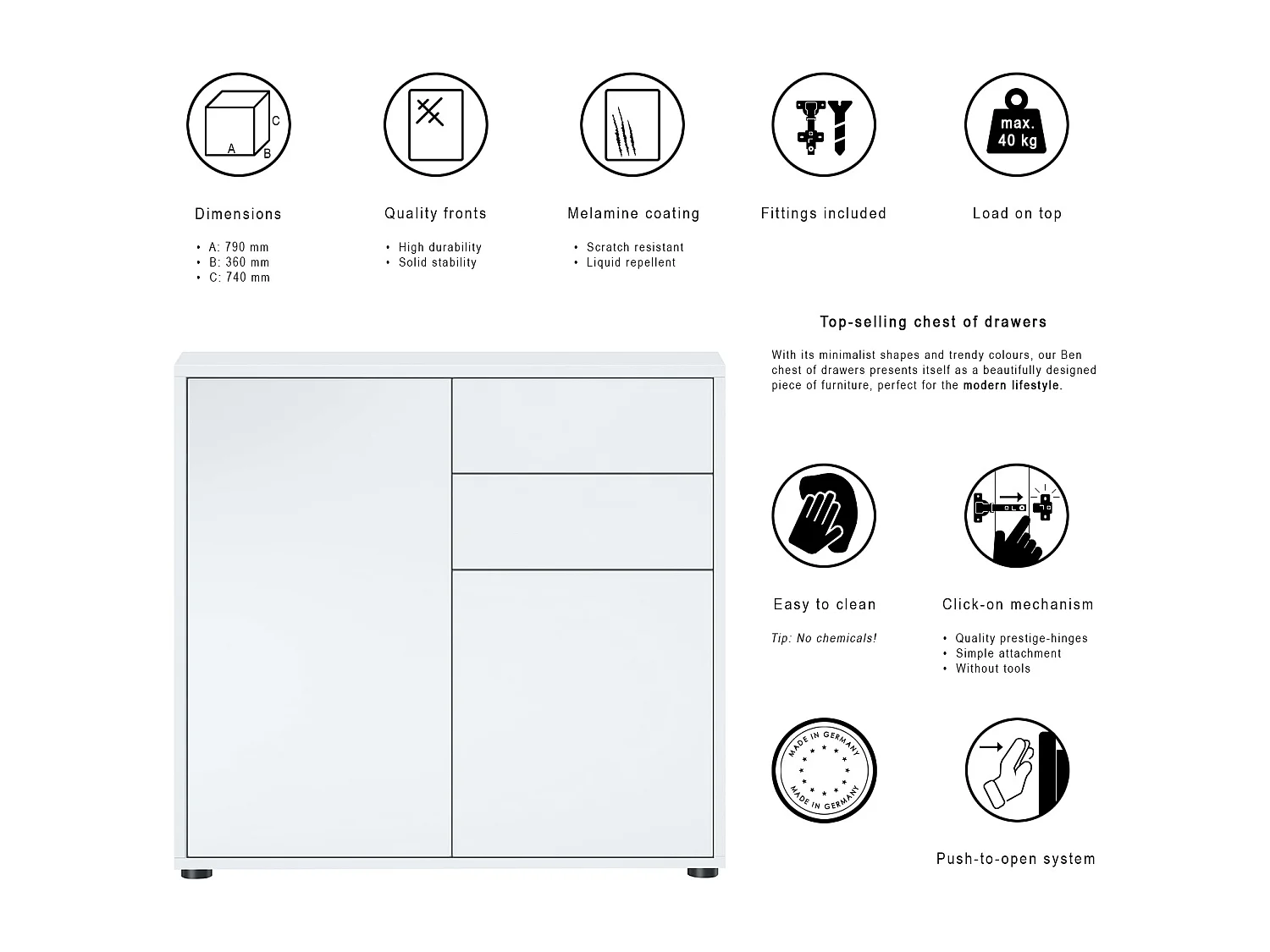 Buffet Ben, Commode avec 2 portes et 2 tiroirs, Blanc mat/Blanc mat (79 x 74 x 36 cm)