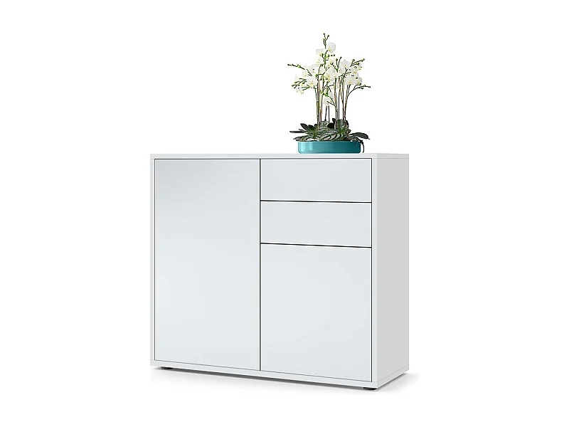 Buffet Ben, Commode avec 2 portes et 2 tiroirs, Blanc mat/Blanc mat (79 x 74 x 36 cm)