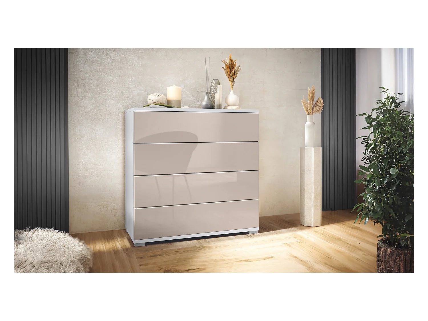 Commode  Pavos V3, Buffet avec 4 tiroirs blanc mat/gris sable haute brillance (76 x 76 x 35 cm)