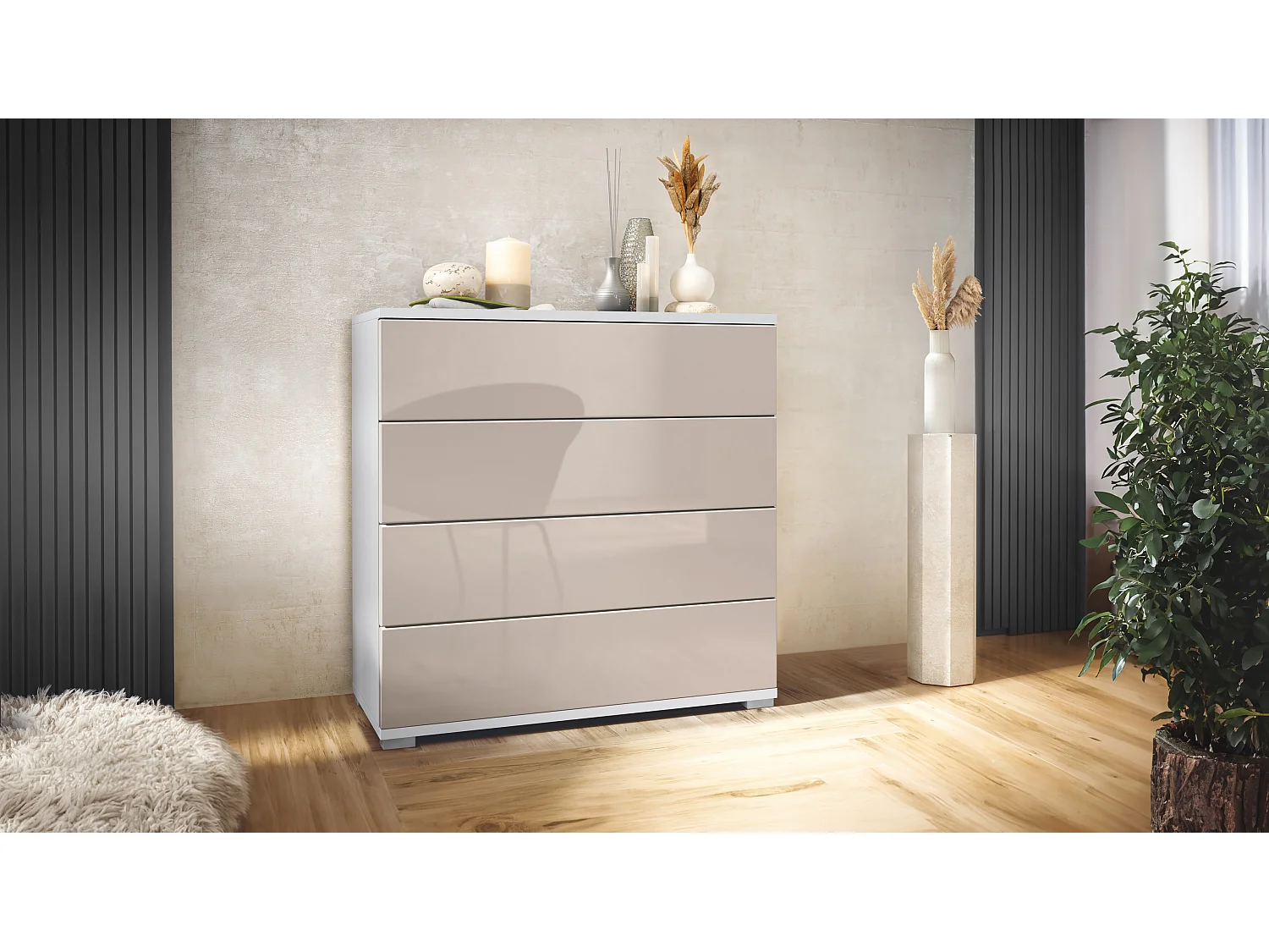 Vladon Cassettiera Pavos V3, Credenza con 4 cassetti bianco opaco/grigio sabbia lucido (76 x 76 x 35 cm)