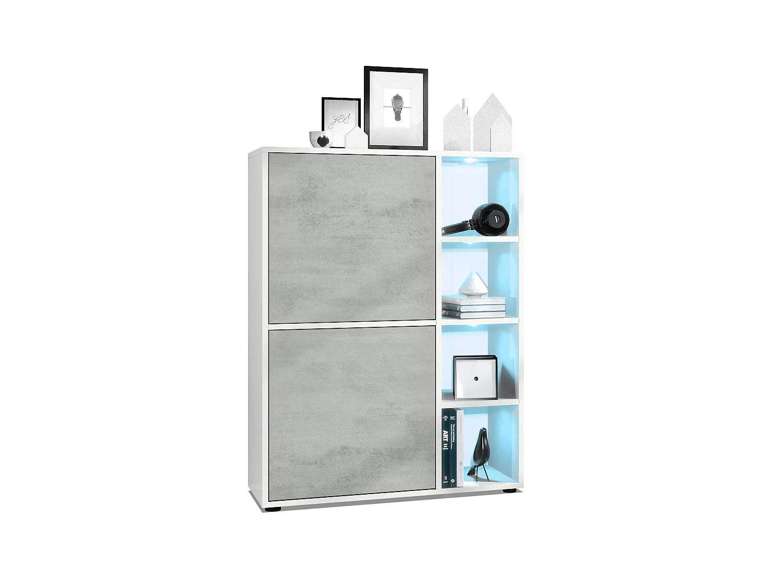 Buffet haut Cuba avec 8 compartiments, caisson en blanc mat / Façades en Aspect Béton Oxyde avec éclairage LED RGB