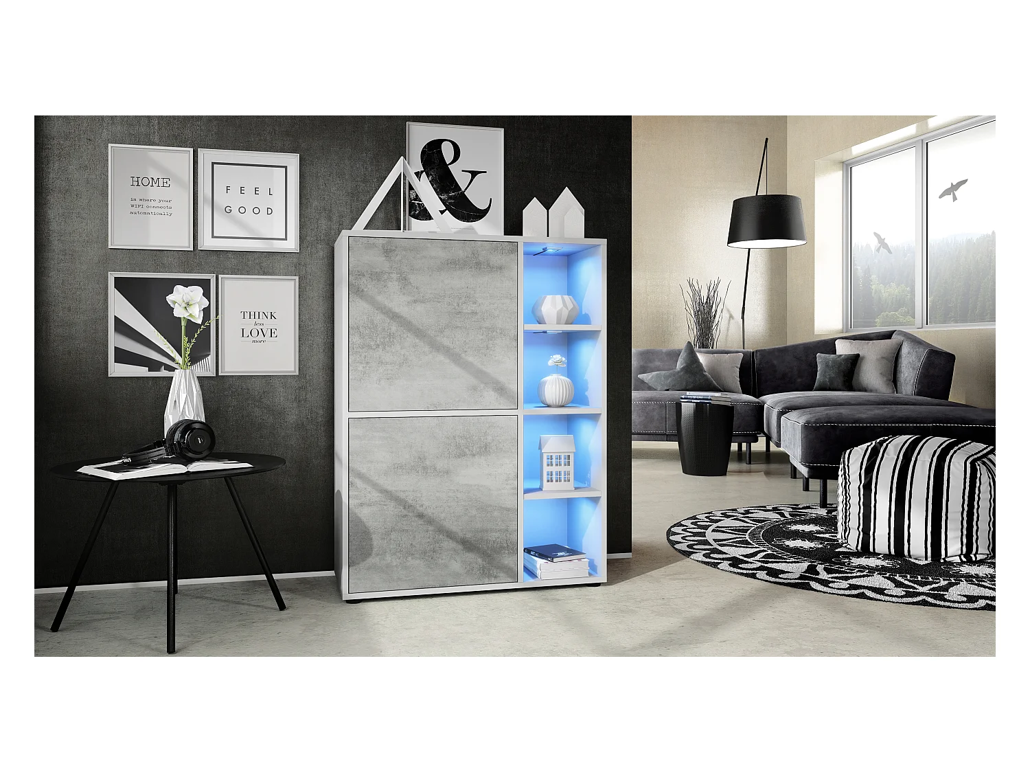 Buffet haut Cuba avec 8 compartiments, caisson en blanc mat / Façades en Aspect Béton Oxyde avec éclairage LED RGB