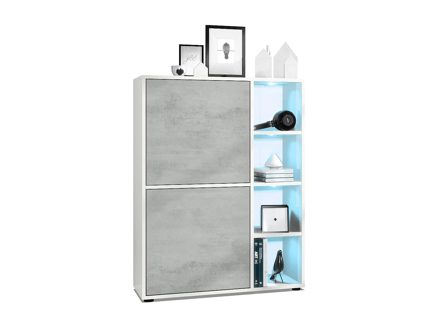 Credenza  Cuba 79 x 105,5 x 35,5 cm Credenza con 8 ripiani, struttura in bianco opaco / ante in grigio ossido di cemento con illuminazione LED RGB
