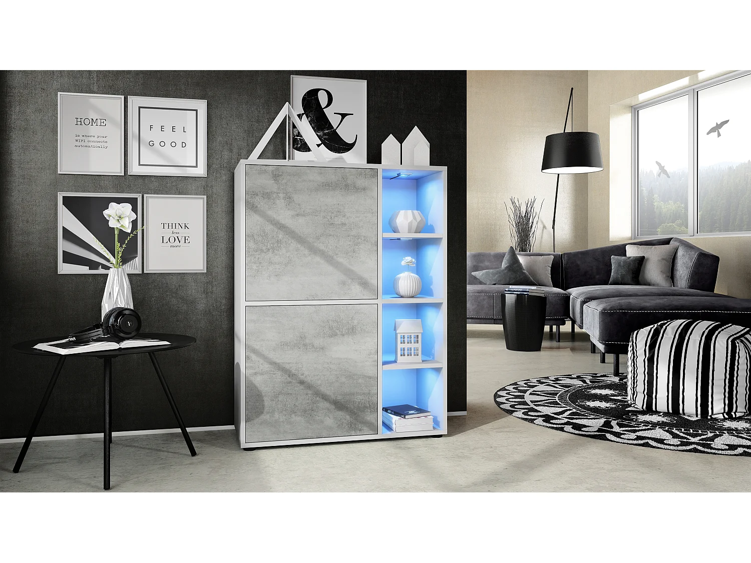 Credenza  Cuba 79 x 105,5 x 35,5 cm Credenza con 8 ripiani, struttura in bianco opaco / ante in grigio ossido di cemento con illuminazione LED RGB