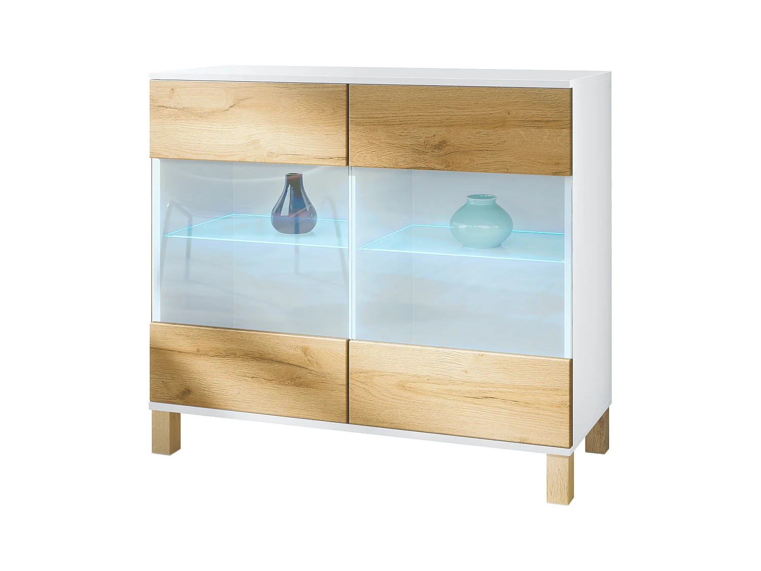 Commode Bari V3 Édition Bois, Armoire de cuisine moderne avec 2 grandes portes vitrées incl. éclairage RGB blanc mat / chêne nature (92,5 x 84,5 x 35)