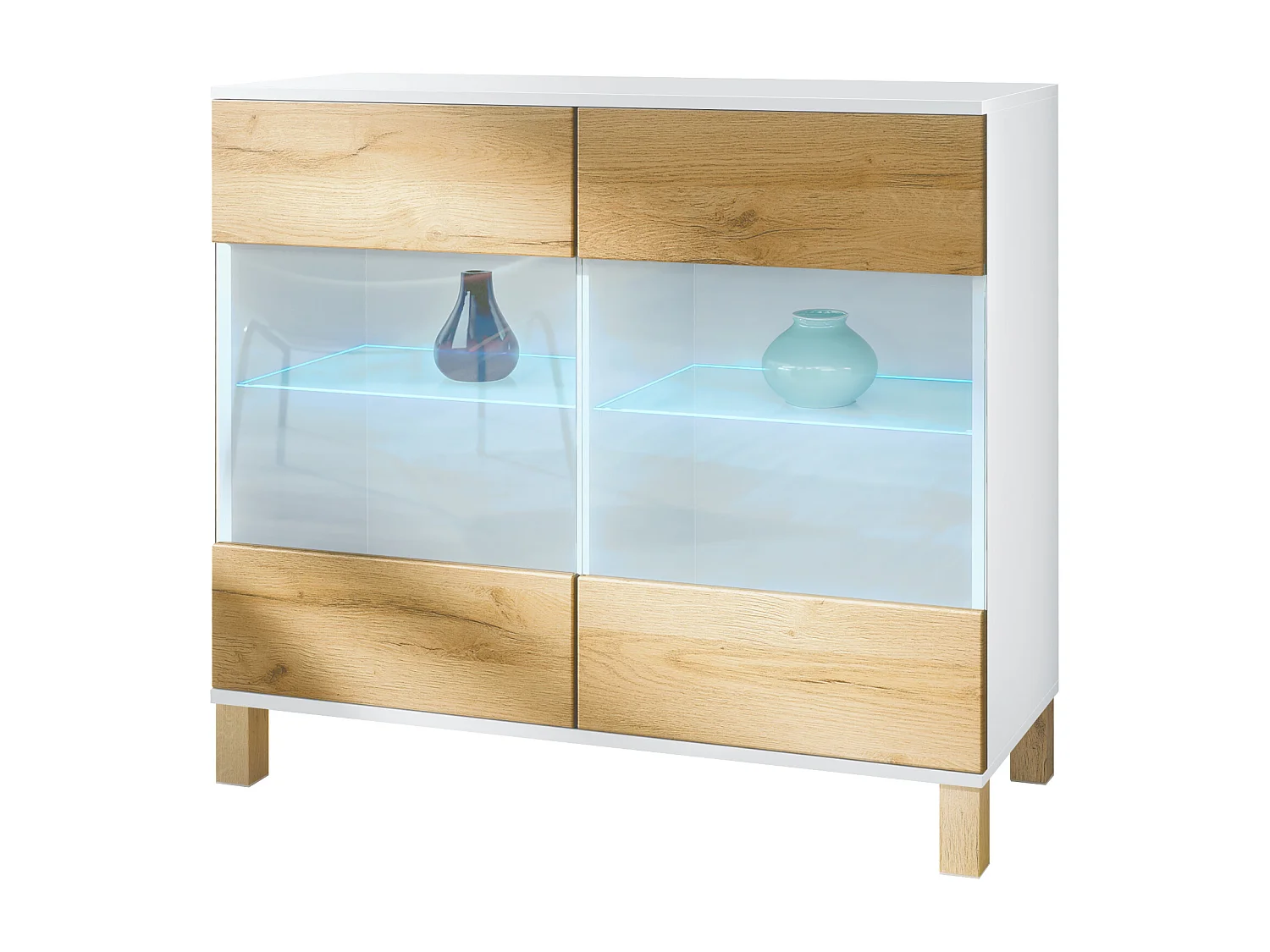 Cassettiera Bari V3 Edizione Legno, Mobile da cucina moderno con 2 grandi ante in vetro incl. illuminazione RGB bianco opaco / rovere naturale (92,5 x 84,5 x 35)