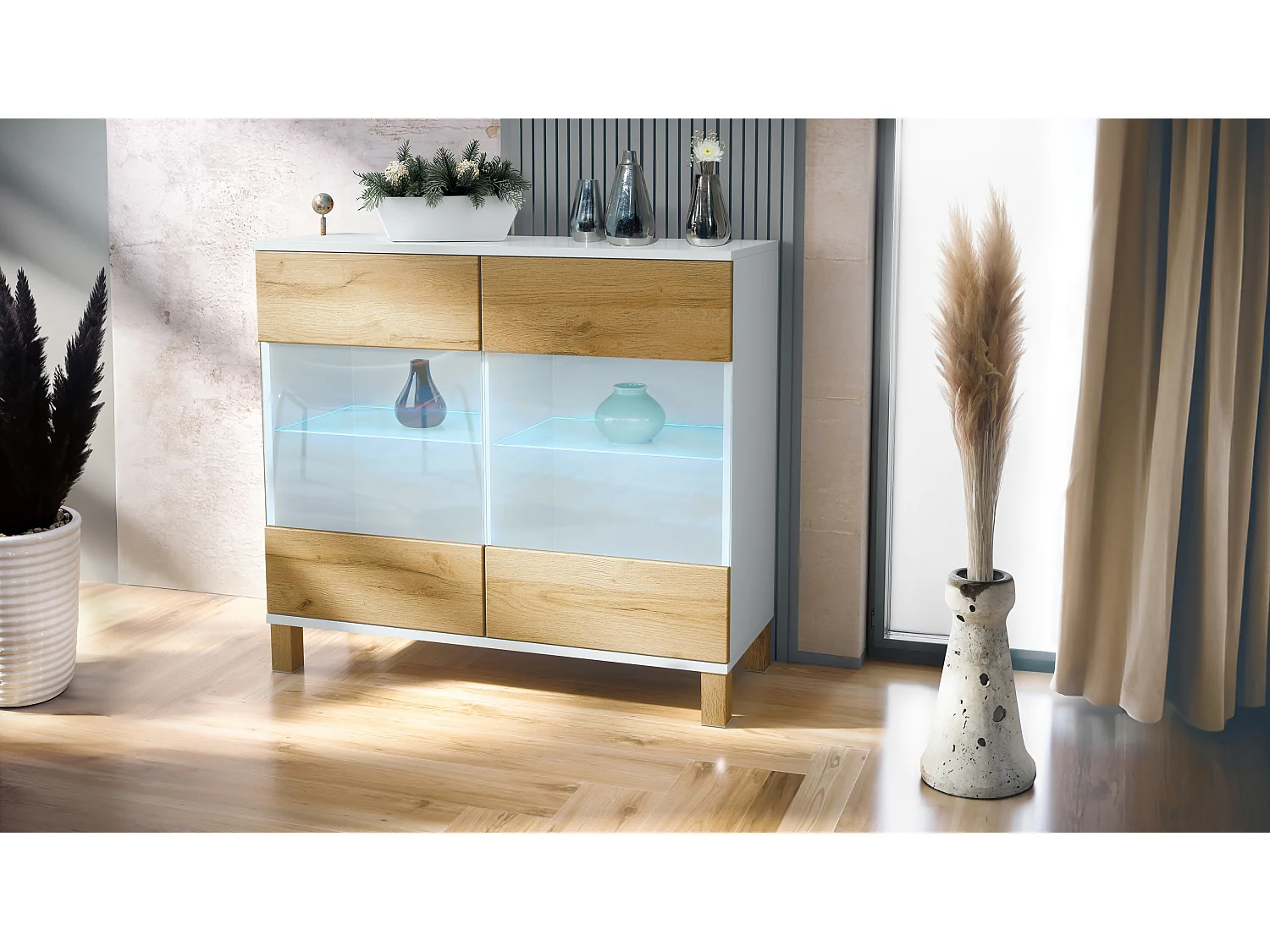 Cassettiera Bari V3 Edizione Legno, Mobile da cucina moderno con 2 grandi ante in vetro incl. illuminazione RGB bianco opaco / rovere naturale (92,5 x 84,5 x 35)